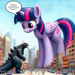 Size: 1024x1024 | Tagged: safe, ai assisted, ai content, editor:giantpony, generator:bing image creator, generator:dall-e 3, prompter:giantpony, twilight sparkle, alicorn, kaiju, pony, g4, alternate cutie mark, cross-popping veins, crossover, cute, duo, emanata, female, giant pony, giant twilight sparkle, giantess, godzilla, godzilla (series), larger female, macro, macro/micro, male, phraseit, size difference, smaller male, twiabetes, twilight sparkle (alicorn), wrong cutie mark