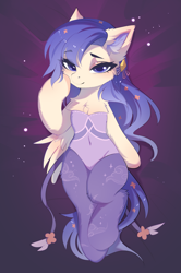 Size: 1481x2226 | Tagged: safe, artist:empress-twilight, oc, oc only, oc:star guardian, oc:violet veil, pegasus, pony, bed, bedroom eyes, belly, belly button, body pillow, body pillow design, chest fluff, clothes, commission, ear fluff, female, fluffy, hairpin, leotard, long mane, lying down, lying on bed, mare, on bed, ribbon, sheet, socks, solo, wings, ych result