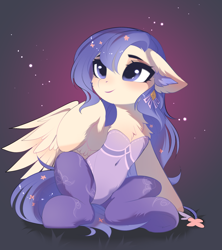 Size: 1700x1916 | Tagged: safe, artist:empress-twilight, oc, oc only, oc:star guardian, oc:violet veil, pegasus, pony, belly, belly button, chest fluff, clothes, commission, ear fluff, ears back, female, fluffy, hairpin, leotard, long hair, looking up, mare, purple eyes, raised hoof, ribbon, sitting, smiling, solo, tail, tights, underhoof, wings, ych result