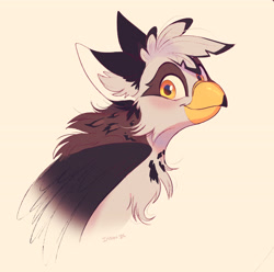 Size: 3312x3290 | Tagged: safe, artist:imalou, oc, oc only, oc:ospreay, griffon, beak, bust, colored, commission, cute, eared griffon, griffon oc, looking at you, portrait, sketch, smiling, smiling at you, solo, watermark