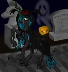 Size: 944x991 | Tagged: safe, artist:パルナス, queen chrysalis, changeling, changeling queen, ghost, undead, g4, cloak, clothes, fake blood, female, glowing, glowing horn, gravestone, halloween, holiday, horn, jack-o-lantern, levitation, magic, magic aura, pumpkin, raised hoof, solo, tail, telekinesis