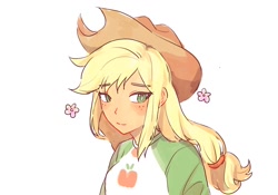 Size: 1024x718 | Tagged: safe, artist:sugarcube269, applejack, equestria girls, g4, applejack's hat, cowboy hat, eyebrows, eyebrows visible through hair, female, flower, hat, simple background, smiling, solo, white background