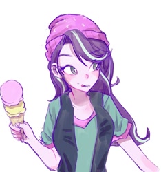 Size: 957x1024 | Tagged: safe, artist:sugarcube269, starlight glimmer, human, equestria girls, g4, beanie, clothes, female, food, hat, ice cream, ice cream cone, licking, licking lips, simple background, solo, that pony sure does love ice cream, tongue out, vest, white background