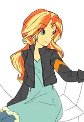Size: 947x1375 | Tagged: safe, artist:sugarcube269, sunset shimmer, equestria girls, g4, clothes, eye clipping through hair, eyebrows, eyebrows visible through hair, female, jacket, simple background, sketch, smiling, solo, white background