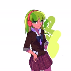 Size: 2048x2048 | Tagged: safe, artist:sugarcube269, lemon zest, equestria girls, g4, clothes, crystal prep academy uniform, female, hand on hip, headphones, looking at you, redraw, school uniform, simple background, smiling, solo, white background