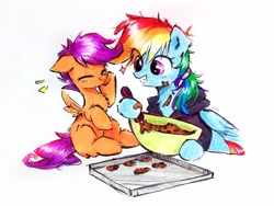 Size: 2569x1927 | Tagged: safe, artist:liaaqila, rainbow dash, scootaloo, pegasus, pony, g4, alternate hairstyle, baking, baking sheet, bowl, clothes, cookie dough, counter, cute, cutealoo, duo, duo female, eye clipping through hair, female, happy, hoodie, liaaqila is trying to murder us, liaaqila is trying to murder us with dashabetes, messy, ponytail, simple background, sitting, smiling, traditional art, white background