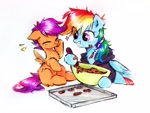 Size: 2569x1927 | Tagged: safe, artist:liaaqila, rainbow dash, scootaloo, pegasus, pony, g4, alternate hairstyle, baking, baking sheet, bowl, clothes, cookie dough, counter, cute, cutealoo, eye clipping through hair, female, happy, hoodie, liaaqila is trying to murder us, liaaqila is trying to murder us with dashabetes, messy, ponytail, simple background, sitting, smiling, traditional art, white background