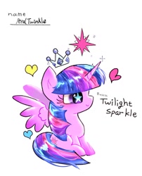 Size: 828x1024 | Tagged: safe, artist:petaltwinkle, artist:tiga52080175, twilight sparkle, alicorn, pony, g4, big eyes, blushing, chibi, colored wings, coloring page, crown, ear blush, eyelashes, female, floating crown, floating heart, gradient legs, gradient wings, heart, horn, jewelry, mare, multicolored mane, multicolored tail, profile, purple coat, purple eyes, regalia, shiny mane, shiny tail, simple background, sitting, smiling, solo, sparkles, spread wings, starry eyes, tail, text, tiara, twilight sparkle (alicorn), unicorn horn, white background, wingding eyes, wings