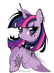 Size: 751x1024 | Tagged: safe, artist:petaltwinkle, twilight sparkle, alicorn, pony, g4, alternate hair color, choker, colored wings, colored wingtips, countershading, cross choker, dyed mane, ear piercing, earring, female, folded wings, frown, goth, helix piercing, horn, jewelry, lidded eyes, looking at you, makeup, mare, multicolored mane, narrowed eyes, piercing, purple coat, purple eyes, raised hooves, signature, simple background, solo, spiked choker, straight mane, tattoo, twilight sparkle (alicorn), two toned wings, unicorn horn, white background, wingding eyes, wings