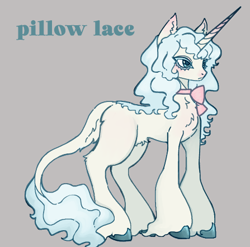 Size: 447x441 | Tagged: safe, artist:junniepiepoopop, oc, oc only, oc:pillow lace, pony, unicorn, blue eyes, blue mane, blue tail, blue text, blushing, chest fluff, colored eyelashes, colored hooves, curly mane, curly tail, ear blush, ear fluff, frown, gradient ears, gradient horn, horn, horn blush, leonine tail, lidded eyes, long horn, long legs, neck bow, nose blush, profile, pubic fluff, shiny hooves, slender, tail, tail fluff, text, thin, unicorn horn, unicorn oc, unshorn fetlocks, white coat, wingding eyes