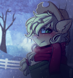 Size: 3366x3612 | Tagged: safe, artist:yumkandie, applejack, earth pony, pony, g4, applejack's hat, breath, bust, clothes, cowboy hat, eye clipping through hair, eyebrows, eyebrows visible through hair, eyelashes, female, fence, fluffy, hair tie, hat, heart, heart eyes, high res, lidded eyes, looking at you, looking back, looking back at you, mare, outline, profile, scarf, signature, smiling, smiling at you, snow, snowfall, solo, sweater, sweet apple acres, tree, wingding eyes, winter