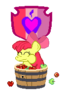 Size: 128x190 | Tagged: safe, artist:soup cream, apple bloom, earth pony, pony, g4, apple, apple bloom's bow, basket, bow, cheek bulge, cutie mark, cutie mark background, eating, food, green apple, hair bow, herbivore, pixel art, simple background, solo, transparent background