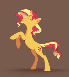 Size: 2300x2554 | Tagged: safe, artist:shanyata, sunset shimmer, pony, unicorn, g4, brown background, cute, eyes closed, female, high res, horn, mare, rearing, round belly, shimmerbetes, simple background, smiling, solo