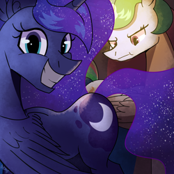 Size: 1750x1750 | Tagged: safe, artist:candy meow, princess celestia, princess luna, alicorn, pony, g4, 2024 solar eclipse, :t, alicorn eclipse, blocking, celestia is not amused, duo, eclipse, female, grin, luna eclipsing celestia, mare, royal sisters, siblings, sisters, smiling, solar eclipse, unamused