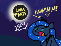 Size: 1800x1350 | Tagged: safe, artist:flutterluv, princess luna, alicorn, pony, series:flutterluv's full moon, g4, angry, eclipse, fart joke, female, graffiti, implied princess celestia, implied trollestia, laughing, mare, offscreen character, open mouth, solar eclipse, solo, text