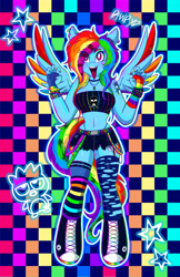 Size: 3300x5100 | Tagged: safe, artist:mscolorsplash, rainbow dash, pegasus, anthro, unguligrade anthro, g4, 20% cooler, absurd resolution, badtz maru, belly button, bracelet, breasts, busty rainbow dash, checkered background, cleavage, clothes, colored wings, daisy dukes, ear piercing, earring, eye clipping through hair, eyebrow piercing, eyestrain warning, female, fingerless gloves, fishnet gloves, gloves, jewelry, mare, midriff, multicolored wings, open mouth, open smile, painted nails, piercing, rainbow punk, rainbow wings, scene, scene kid, shorts, smiling, sneaker boots, solo, spread wings, stars, stockings, tattoo, thigh highs, tongue out, tongue piercing, wings