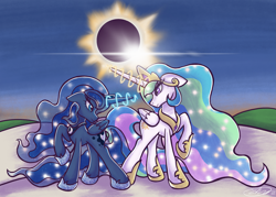 Size: 3501x2509 | Tagged: safe, artist:stupidcosplayer, princess celestia, princess luna, alicorn, pony, g4, 2024 solar eclipse, concave belly, crown, ears back, eclipse, female, glowing, glowing horn, horn, jewelry, magic, mare, regalia, royal sisters, siblings, sisters, smiling, solar eclipse