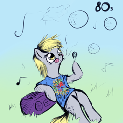 Size: 900x900 | Tagged: safe, artist:80s, derpy hooves, g4, boombox, bubble, bubble wand, drugs, glasses, gradient background, joint, marijuana, music notes, solo