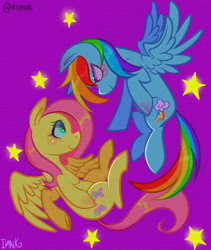 Size: 1600x1900 | Tagged: safe, artist:inzomniak, fluttershy, rainbow dash, pegasus, pony, g4, backwards cutie mark, blushing, duo, duo female, female, flying, lesbian, looking at each other, looking at someone, mare, purple background, ship:flutterdash, shipping, signature, simple background, smiling, smiling at each other, spread wings, stars, wings