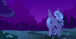 Size: 1280x651 | Tagged: safe, artist:tangaar, princess luna, alicorn, g4, ethereal mane, looking up, night, s1 luna, starry mane, starry tail, stars, tail, two legs up