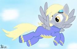 Size: 798x514 | Tagged: artist needed, safe, derpy hooves, pegasus, g4, clothes, flying, goggles, signature, uniform, wonderbolts uniform