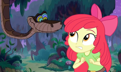Size: 720x432 | Tagged: safe, artist:ocean lover, edit, edited screencap, screencap, apple bloom, human, equestria girls, g4, animated, apple bloom's bow, belt, belt buckle, bow, bush, clothes, crossover, disney, everfree forest, forest, forest background, gif, green shirt, hair bow, hypno eyes, hypnosis, hypnotized, kaa eyes, link in description, looking at each other, looking at someone, nature, night, open mouth, path, pathway, red hair, redhead, scared, the jungle book, thumbnail, tree, worried, youtube, youtube link, youtube thumbnail
