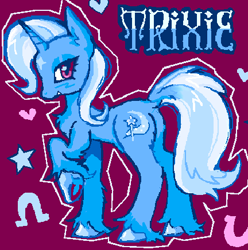 Size: 432x436 | Tagged: safe, artist:junniepiepoopop, trixie, pony, unicorn, g4, alternate eye color, blue coat, blue mane, blue tail, blue text, blush scribble, blushing, butt fluff, coat markings, colored hooves, ear fluff, eyeshadow, facial markings, female, floating heart, heart, horn, lidded eyes, long mane, long tail, looking at you, makeup, mare, outline, pink eyes, profile, raised hoof, shiny hooves, shiny mane, shiny tail, smiling, smiling at you, solo, standing, star (coat marking), tail, text, thin, two toned mane, two toned tail, underhoof, unicorn horn, unshorn fetlocks, wavy mane, wingding eyes