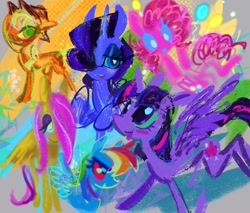 Size: 1476x1258 | Tagged: safe, artist:sandwichandeggs, applejack, fluttershy, pinkie pie, rainbow dash, rarity, twilight sparkle, alicorn, pegasus, pony, unicorn, g4, abstract background, alternate color palette, alternate eye color, applejack's hat, balloon, big eyes, blue coat, blue sclera, blush sticker, blushing, bust, colored eyelashes, colored sclera, cowboy hat, drawn from memory, eye clipping through hair, eyeshadow, female, green eyes, hair over one eye, hat, horn, lidded eyes, lineless, long legs, long mane, long tail, looking up, makeup, mane six, mare, multicolored hair, multicolored mane, multicolored tail, narrowed eyes, no mouth, open mouth, open smile, orange coat, pink mane, pink sclera, pink tail, purple coat, purple eyes, purple mane, purple tail, rainbow hair, raised hoof, red eyes, smiling, spread wings, standing, stylized, tail, thin, twilight sparkle (alicorn), wall of tags, wavy mane, white pupils, wide stance, wingding eyes, wings, yellow coat, yellow eyes, yellow sclera