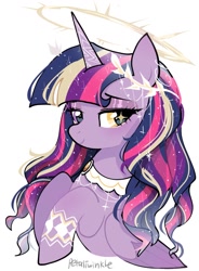 Size: 752x1024 | Tagged: safe, artist:petaltwinkle, twilight sparkle, alicorn, pony, g4, alternate accessories, alternate design, alternate eye color, alternate hair color, alternate hairstyle, bust, choker, colored wings, colored wingtips, cross choker, curly mane, ethereal mane, eyeshadow, female, folded wings, gradient mane, halo, headpiece, heart, heart eyes, heterochromia, horn, lace, lidded eyes, looking back, makeup, mare, multicolored mane, raised hooves, signature, simple background, smiling, solo, sparkly mane, starry eyes, starry mane, twilight sparkle (alicorn), two toned wings, unicorn horn, white background, wingding eyes, wings
