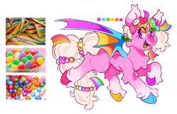 Size: 2048x1318 | Tagged: safe, artist:cocopudu, oc, oc only, oc:jubilee gumdrop, bat pony, pony, bangs, bat pony oc, beauty mark, big ears, blaze (coat marking), candy, cheek fluff, chest fluff, cloven hooves, coat markings, colored ear tufts, colored eartips, colored eyelashes, colored pupils, colored teeth, colored tongue, colored wings, ear tufts, eye clipping through hair, eyebrows, eyebrows visible through hair, eyelashes, facial markings, fangs, flying, food, gradient legs, green tongue, hair accessory, hairclip, heart, heart mark, hock fluff, hooves, leg fluff, looking back, mane accessory, mane clip, mismatched hooves, multicolored hooves, multicolored mane, multicolored teeth, multicolored wings, multicolored wingtips, open mouth, open smile, partially open wings, pink coat, pink tail, purple eyelashes, purple eyes, purple pupils, raised hoof, raised leg, simple background, smiling, socks (coat markings), solo, sparkly coat, sparkly mane, tail, tail accessory, tied mane, tied tail, unshorn fetlocks, wall of tags, watermark, white background, wings