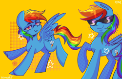 Size: 1856x1200 | Tagged: safe, artist:inzomniak, rainbow dash, pegasus, pony, g4, :>, backwards cutie mark, concave belly, female, folded wings, looking at you, mare, raised hoof, signature, simple background, smiling, smiling at you, solo, spread wings, standing on two hooves, stars, sunglasses, unshorn fetlocks, wings, yellow background