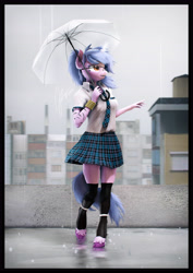 Size: 4000x5656 | Tagged: safe, artist:imafutureguitarhero, oc, oc only, oc:steamy, classical unicorn, unicorn, anthro, unguligrade anthro, 3d, absurd resolution, arm fluff, border, bracelet, cheek fluff, chest fluff, chromatic aberration, clothes, cloven hooves, commission, day, dress, female, film grain, fluffy, fluffy hair, fluffy mane, fluffy tail, fog, fur, glasses, glowing, glowing horn, horn, jewelry, leg fluff, leonine tail, looking up, magic, markings, neck fluff, necktie, open mouth, outdoors, paintover, puddle, rain, reflection, revamped anthros, revamped ponies, rooftop, school uniform, shirt, signature, skindentation, skirt, skyline, smiling, solo, source filmmaker, stripes, tail, umbrella, unicorn oc, uniform, unshorn fetlocks, vertical, wall of tags, windswept hair, windswept mane, windswept tail