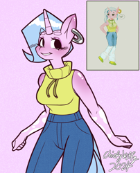 Size: 848x1052 | Tagged: safe, artist:chiefywiffy, oc, oc only, oc:chiefy, unicorn, anthro, anthro oc, clothes, denim, ear piercing, female, horn, jeans, pants, piercing, simple background, sleeveless, sleeveless sweater, solo, sweater