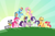 Size: 5000x3302 | Tagged: safe, artist:aleximusprime, apple bloom, applejack, fluttershy, pinkie pie, rainbow dash, rarity, spike, twilight sparkle, zecora, earth pony, pegasus, pony, unicorn, zebra, g4, absurd resolution, big crown thingy, element of generosity, element of honesty, element of kindness, element of laughter, element of loyalty, element of magic, elements of harmony, female, filly, flying, foal, grin, horn, jewelry, male, mane seven, mane six, mare, open mouth, raised hoof, regalia, smiling, sun, sunburst background, unicorn twilight