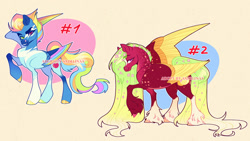 Size: 1280x721 | Tagged: safe, artist:sadelinav, oc, oc only, pegasus, pony, blaze (coat marking), coat markings, colored wings, cousins, duo, duo female, facial markings, female, flower, flower in hair, flower in tail, grin, heterochromia, large wings, looking at you, magical lesbian spawn, mare, multicolored wings, offspring, one wing out, parent:applejack, parent:big macintosh, parent:fluttershy, parent:rainbow dash, parents:appledash, parents:fluttermac, pegasus oc, rainbow wings, raised hoof, simple background, smiling, smiling at you, smirk, tail, unshorn fetlocks, wings, yellow background