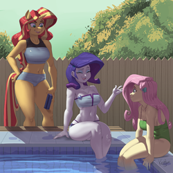 Size: 900x900 | Tagged: dead source, safe, artist:kevinsano, fluttershy, rarity, sunset shimmer, human, unicorn, anthro, unguligrade anthro, equestria girls, g4, bare shoulders, belly button, breasts, busty fluttershy, busty rarity, busty sunset shimmer, cleavage, clothes, eyes closed, female, fence, horn, legs in the water, mare, one-piece swimsuit, open mouth, open smile, partially submerged, sitting, sleeveless, smiling, swimming pool, swimsuit, trio, trio female, water