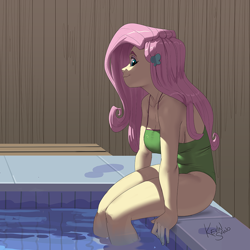 Size: 900x900 | Tagged: safe, artist:kevinsano, fluttershy, human, equestria girls, g4, big breasts, breasts, busty fluttershy, cleavage, clothes, cropped, female, fence, legs in the water, looking at you, multiple variants, one-piece swimsuit, partially submerged, poolside, sideboob, sitting, smiling, smiling at you, solo, swimming pool, swimsuit, water