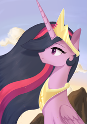 Size: 1339x1900 | Tagged: safe, artist:pelinstwinkle, twilight sparkle, alicorn, pony, g4, bust, crown, female, jewelry, lidded eyes, looking up, mare, older, older twilight, older twilight sparkle (alicorn), peytral, princess twilight 2.0, regalia, solo, tall, twilight sparkle (alicorn)