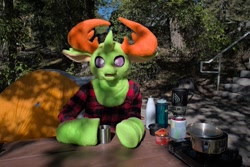 Size: 1280x856 | Tagged: safe, artist:azuritecoin, artist:limeythecheetah, thorax, changedling, changeling, human, g4, clothes, cosplay, costume, fursuit, irl, irl human, king thorax, outdoors, photo, sitting, table