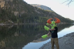 Size: 1280x856 | Tagged: safe, artist:azuritecoin, artist:limeythecheetah, thorax, changedling, changeling, human, g4, clothes, cosplay, costume, fursuit, irl, irl human, king thorax, lake, mountain, outdoors, photo, water