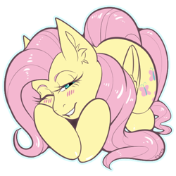 Size: 512x512 | Tagged: safe, artist:twoshoesmcgee, fluttershy, pegasus, pony, g4, aside glance, blushing, cute, ear fluff, female, folded wings, looking at you, lying down, mare, one eye closed, outline, prone, simple background, smiling, smiling at you, solo, sticker, transparent background, wings