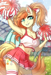 Size: 2500x3709 | Tagged: safe, artist:hakaina, oc, oc only, oc:sunshine drift, bat pony, anthro, bat eyes, belly button, bow, cheerleader, cheerleader outfit, clothes, ear fluff, fangs, female, hair bow, mare, midriff, pom pom, ponytail, skirt, smiling, socks, solo, stadium