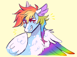 Size: 1600x1200 | Tagged: safe, artist:wanderingpegasus, rainbow dash, pegasus, pony, g4, chest fluff, grin, simple background, smiling, solo, yellow background