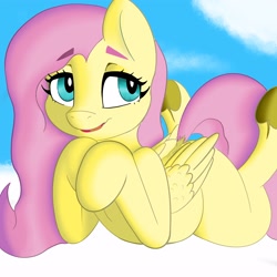 Size: 3000x3000 | Tagged: safe, artist:boneappleteeth, fluttershy, pegasus, pony, g4, belly, cloud, female, folded wings, high res, human shoulders, looking away, lying down, mare, on a cloud, outdoors, prone, sky, solo, three quarter view, underhoof, wings