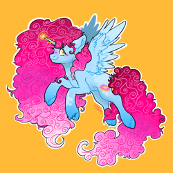 Size: 1979x1979 | Tagged: safe, artist:delfinaluther, oc, oc only, alicorn, pony, alicorn oc, blue skin, curly hair, donut, female, flying, food, horn, long mane, long tail, magic, pink mane, ponysona, simple background, solo, tail, wings, yellow background