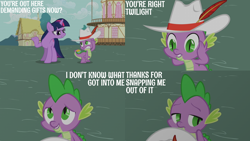 Size: 2000x1125 | Tagged: safe, edit, edited screencap, editor:quoterific, screencap, spike, twilight sparkle, dragon, pony, unicorn, g4, season 2, secret of my excess, hat, pimp hat, ponyville, ponyville town hall, unicorn twilight