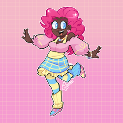 Size: 3000x3000 | Tagged: safe, artist:3ggmilky, pinkie pie, human, g4, abstract background, bracelet, clothes, converse, cute, dark skin, diapinkes, ear piercing, earring, female, gradient background, humanized, jewelry, leg warmers, necklace, open mouth, piercing, shirt, shoes, skirt, socks, solo, stockings, striped socks, tank top, thigh highs