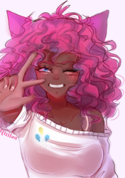 Size: 1360x1932 | Tagged: safe, artist:quilaq, pinkie pie, human, g4, alternate hairstyle, blushing, bra, bra strap, clothes, cute, dark skin, diapinkes, eared humanization, female, grin, humanized, one eye closed, peace sign, simple background, smiling, solo, sweater, underwear, white background, wink
