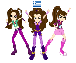 Size: 4937x4102 | Tagged: safe, artist:givralix, color edit, edit, vector edit, adagio dazzle, aria blaze, sonata dusk, human, equestria girls, g4, my little pony equestria girls: rainbow rocks, boots, brown eyes, brown hair, clothes, country, female, flag, greece, greek, greek flag, headcanon, human coloration, light skin, light skin edit, looking at you, realism edits, recolor, shoes, simple background, skin color edit, smiling, the dazzlings, trio, vector, white background