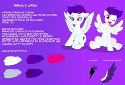 Size: 3600x2466 | Tagged: safe, artist:ramixe dash, oc, oc only, oc:lightning stars, pegasus, pony, g4, g5, base used, g5 to g4, generation leap, gradient background, gradient hair, magenta eyes, male, purple background, purple hair, reference sheet, solo, spread wings, stallion, text, wings